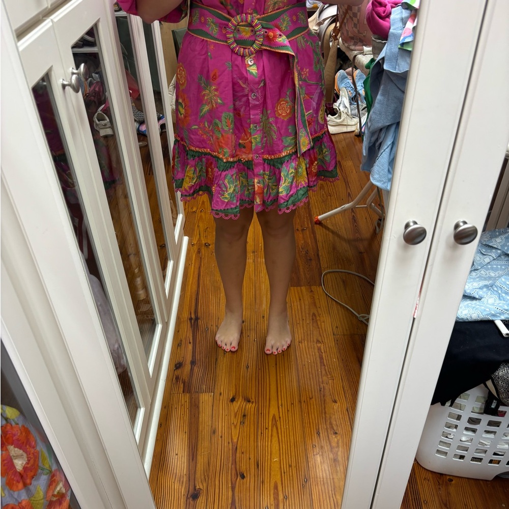 FARM Rio Hot Pink Tropical Floral Belted Puff-Sleeve Dress - Picture 2 of 2